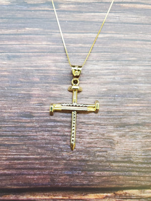10K Solid Real Yellow & White Gold Cz in Bell Cross Pendant Charm with Box Chain