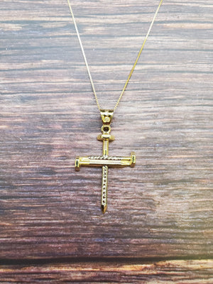 10K Solid Real Yellow & White Gold Cz in Bell Cross Pendant Charm with Box Chain