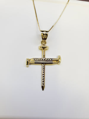 10K Solid Real Yellow & White Gold Cz in Bell Cross Pendant Charm with Box Chain