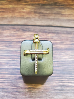 10K Solid Real Yellow & White Gold Cz in Bell Cross Pendant Charm with Box Chain