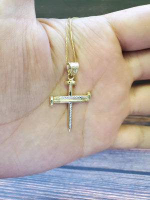 10K Solid Real Yellow & White Gold Cz in Bell Cross Pendant Charm with Box Chain