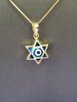 10K Solid Real Yellow Gold Evil Eye Star of David Pendant Charm with Box Chain
