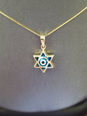 10K Solid Real Yellow Gold Evil Eye Star of David Pendant Charm with Box Chain
