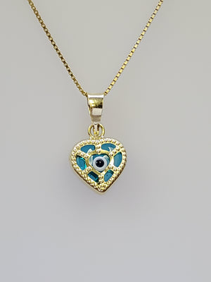 10K Solid Real Yellow Gold Evil Eye Heart Pendant Charm with Box Chain