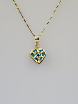 10K Solid Real Yellow Gold Evil Eye Heart Pendant Charm with Box Chain