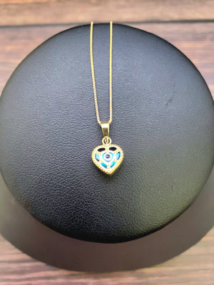 10K Solid Real Yellow Gold Evil Eye Heart Pendant Charm with Box Chain