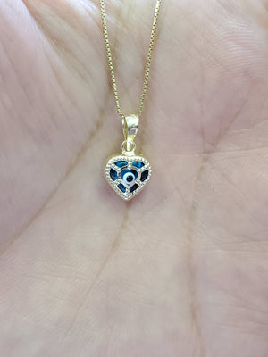 10K Solid Real Yellow Gold Evil Eye Heart Pendant Charm with Box Chain