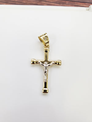 10K Solid Real Yellow & White Gold Jesus Cross Pendant Charm with Box Chain