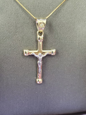 10K Solid Real Yellow & White Gold Jesus Cross Pendant Charm with Box Chain