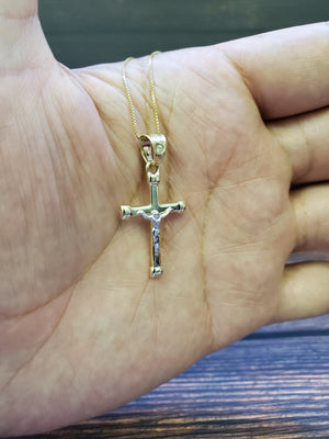 10K Solid Real Yellow & White Gold Jesus Cross Pendant Charm with Box Chain