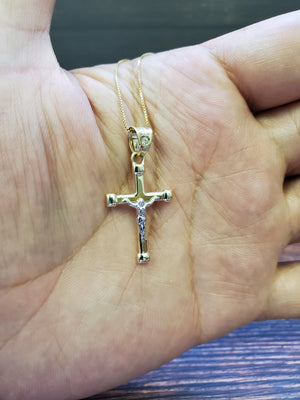10K Solid Real Yellow & White Gold Jesus Cross Pendant Charm with Box Chain