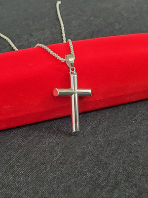 925 Sterling Silver Cross Tube Pendant Charm with Box Chain (Made in Italy)