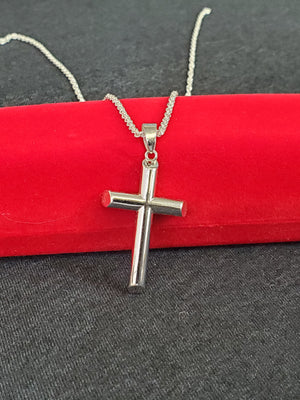 925 Sterling Silver Cross Tube Pendant Charm with Box Chain (Made in Italy)