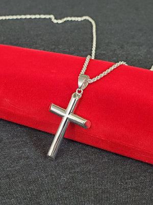 925 Sterling Silver Cross Tube Pendant Charm with Box Chain (Made in Italy)