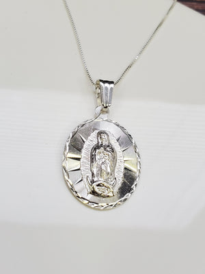 925 Sterling Silver Mother Mary Pendant Charm with Box Chain (Made in Italy)