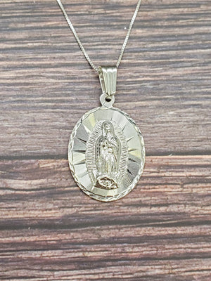 925 Sterling Silver Mother Mary Pendant Charm with Box Chain (Made in Italy)