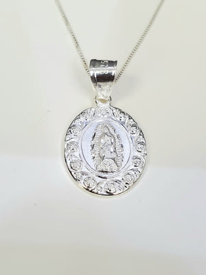 925 Sterling Silver Mother Mary Pendant Charm with Box Chain (Made in Italy)