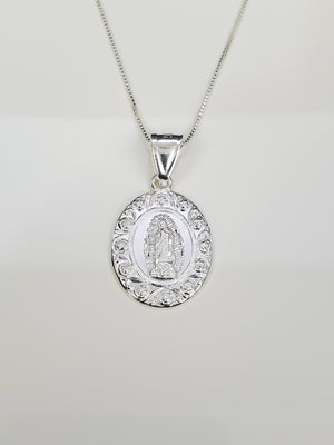 925 Sterling Silver Mother Mary Pendant Charm with Box Chain (Made in Italy)