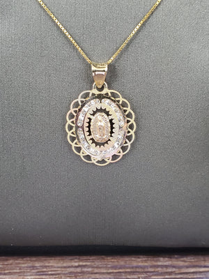14K Solid Real Yellow Gold Mother Marry Cz Pendant Charm with Box Chain