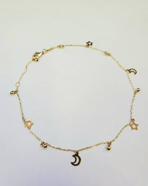 14K Solid Yellow Gold Star and Moon Charms Cable Link Bracelet with Beads