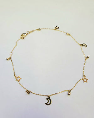 14K Solid Yellow Gold Star and Moon Charms Cable Link Bracelet with Beads