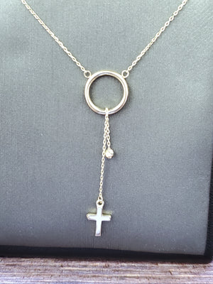 14K Solid Yellow Gold Cross and Moon Charm Cable Link Necklace