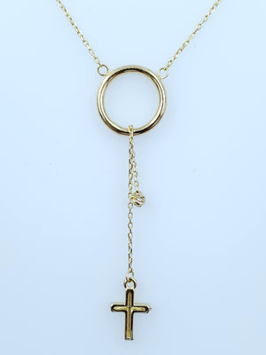 14K Solid Yellow Gold Cross and Moon Charm Cable Link Necklace