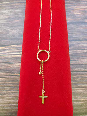 14K Solid Yellow Gold Cross and Moon Charm Cable Link Necklace