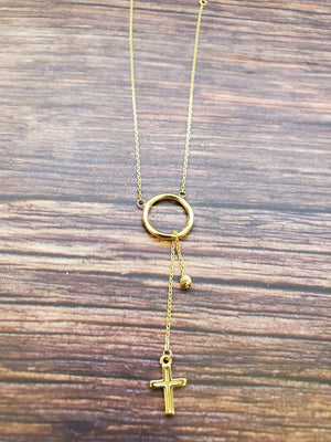 14K Solid Yellow Gold Cross and Moon Charm Cable Link Necklace