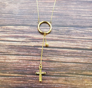 14K Solid Yellow Gold Cross and Moon Charm Cable Link Necklace