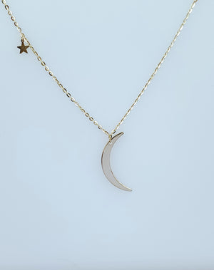 14K Solid Yellow Gold Moon and Stars Charm with Cable Link Necklace