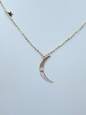 14K Solid Yellow Gold Moon and Stars Charm with Cable Link Necklace