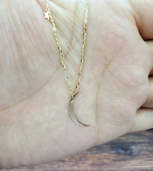 14K Solid Yellow Gold Moon and Stars Charm with Cable Link Necklace