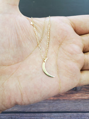 14K Solid Yellow Gold Moon and Stars Charm with Cable Link Necklace