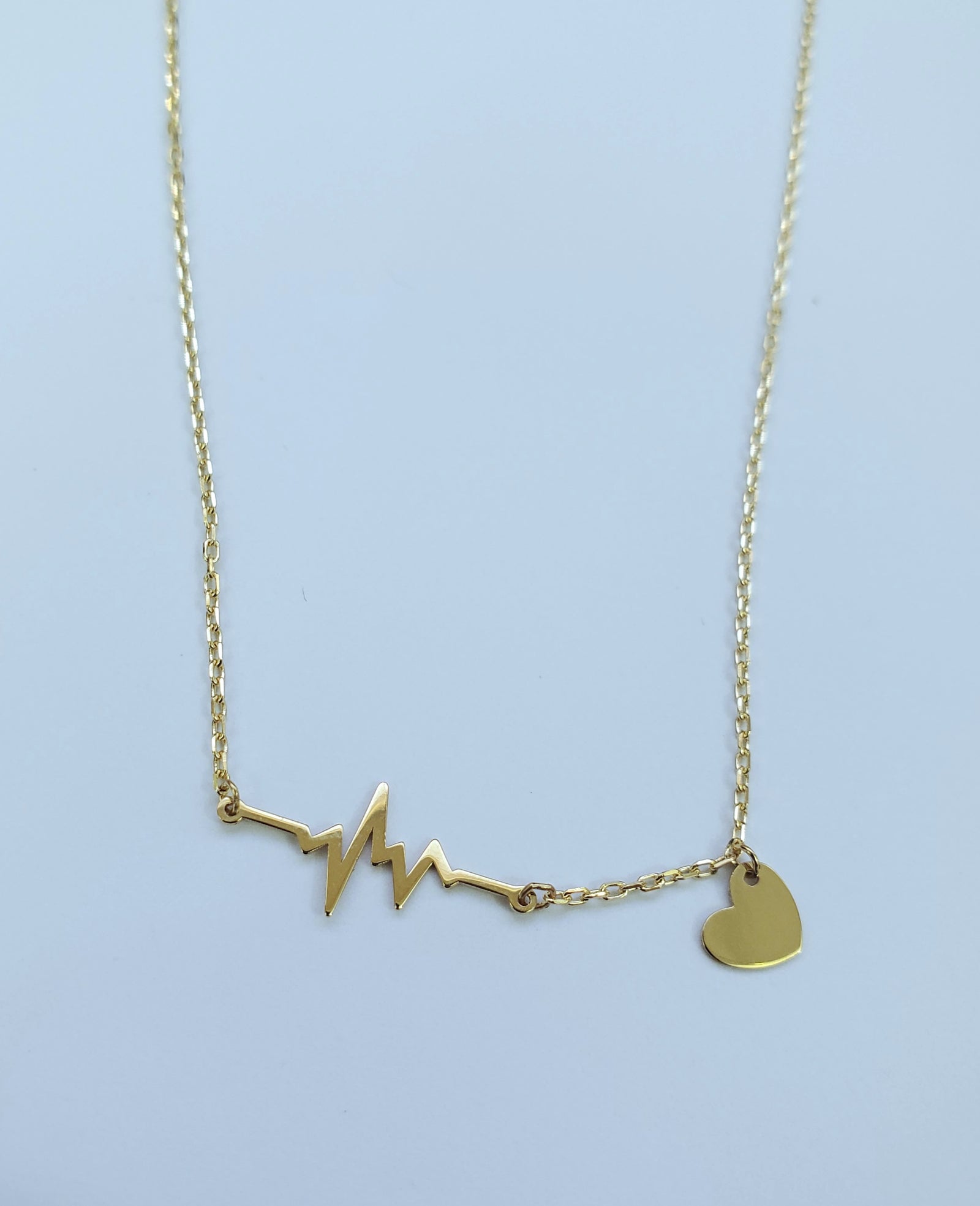14K Solid Yellow Gold Heartbeat Charm Cable Link Necklace