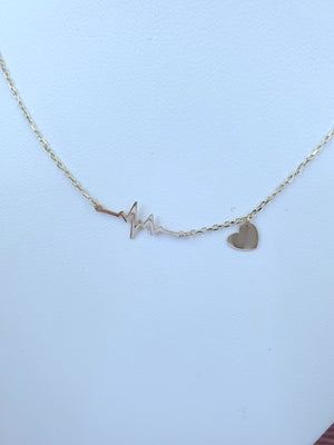 14K Solid Yellow Gold Heartbeat Charm Cable Link Necklace