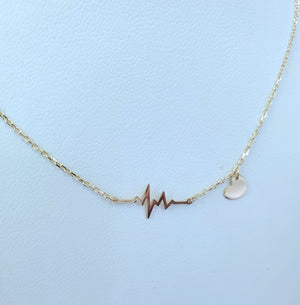14K Solid Yellow Gold Heartbeat Charm Cable Link Necklace