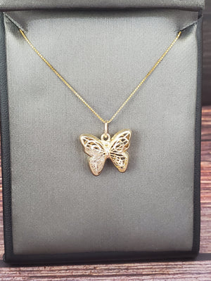 10K Solid Yellow Gold Butterfly Charm and Cz Inside with Box Chain