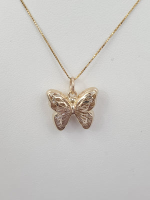 10K Solid Yellow Gold Butterfly Charm and Cz Inside with Box Chain