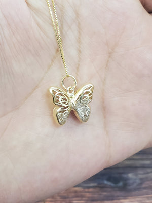 10K Solid Yellow Gold Butterfly Charm and Cz Inside with Box Chain