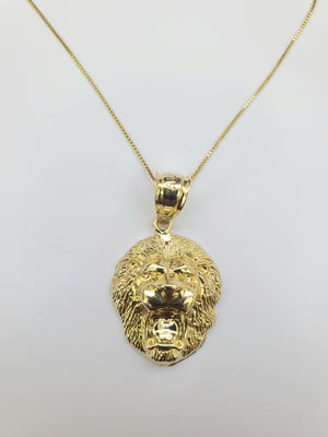 10K Solid Yellow Gold Lion Face Pendant Charm with Box Chain