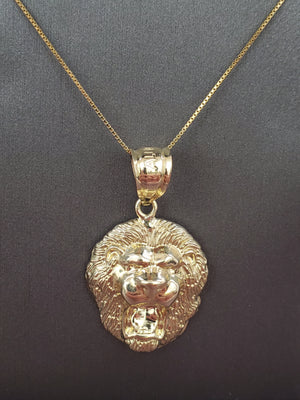 10K Solid Yellow Gold Lion Face Pendant Charm with Box Chain