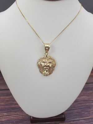 10K Solid Yellow Gold Lion Face Pendant Charm with Box Chain