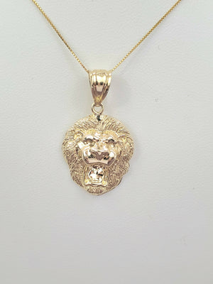 10K Solid Yellow Gold Lion Face Pendant Charm with Box Chain