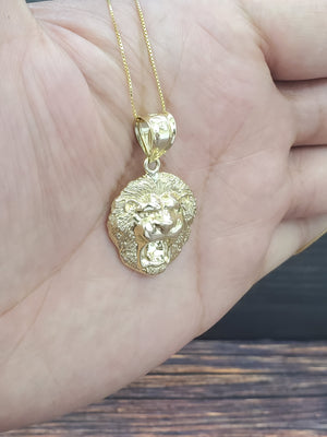 10K Solid Yellow Gold Lion Face Pendant Charm with Box Chain