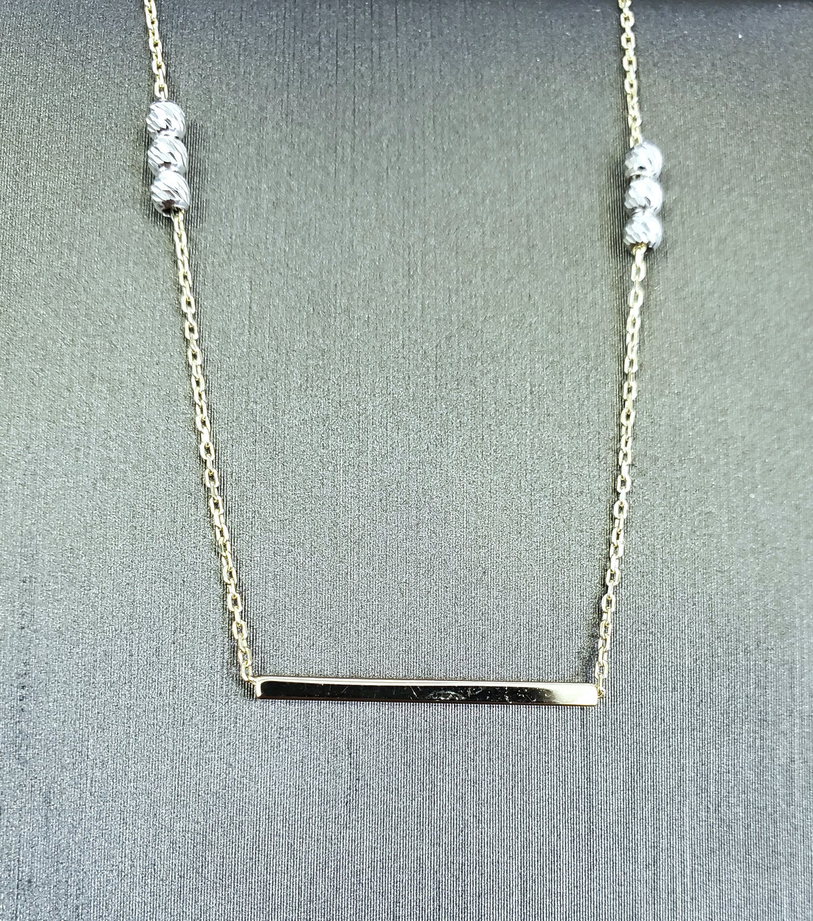14K Solid Yellow Gold Bar Cable Link Necklace With Beads