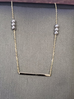 14K Solid Yellow Gold Bar Cable Link Necklace With Beads