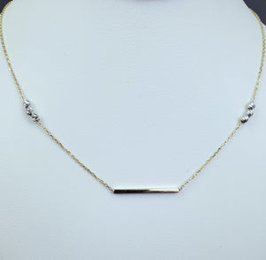 14K Solid Yellow Gold Bar Cable Link Necklace With Beads