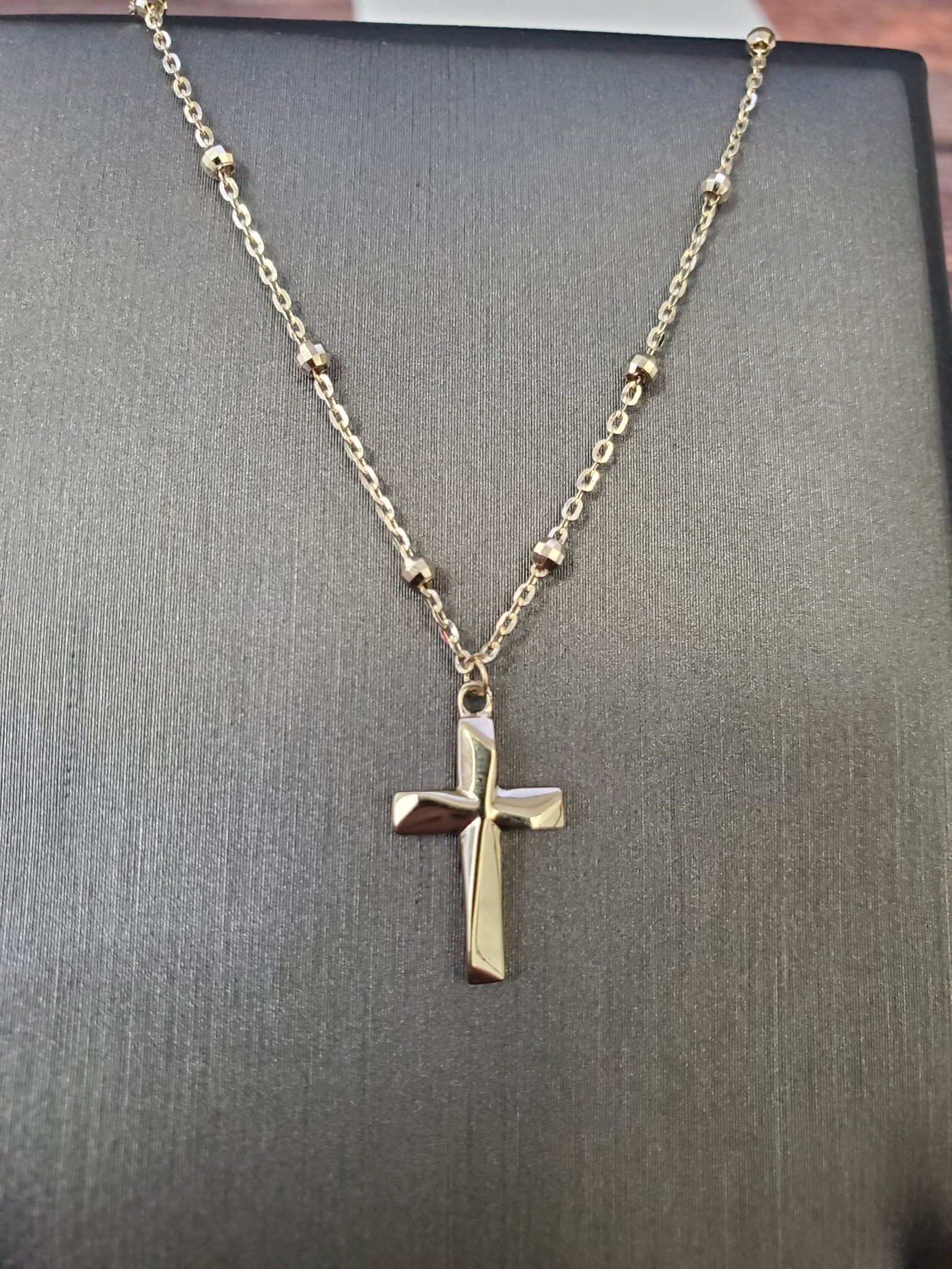 14K Real Gold Rosary with Cross Charm Cable link Necklace 17"