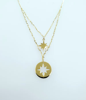 14K Solid Yellow Gold Two Star Charms with Cable Link Chain